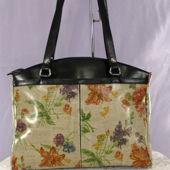 Patricia Nash Floral Print Leather Trim Tote Bag Black Tan Zip Top NWOT - Picture 2 of 13